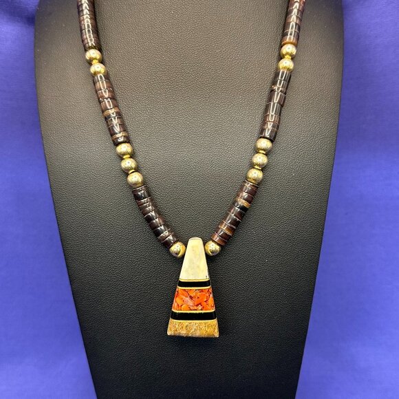 VTG Native American Intarsia Inlay Heishi Pendant Necklace - Picture 1 of 13